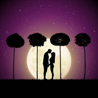Aşıklar arasında mehtaplı gece ağaçlarda. Seven çift park ile siluet vektör örnektir. Maples ile manzara. Yıldızlı gökyüzü dolunay