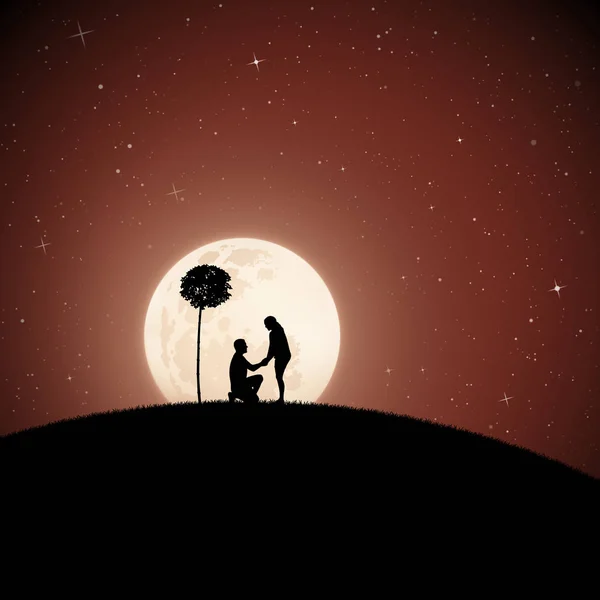 在月光下的夜晚 树下的情人 浪漫的求婚向量例证与爱的夫妇剪影在公园 繁星点的天空中的满月 — 图库矢量图片