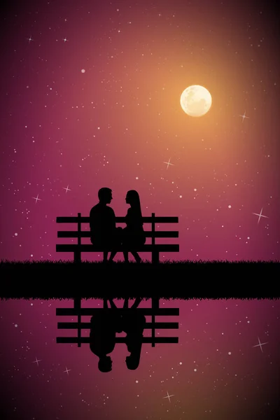 Amantes Sentados Banco Noite Iluminada Pela Lua Ilustração Vetorial Com —  Vetores de Stock