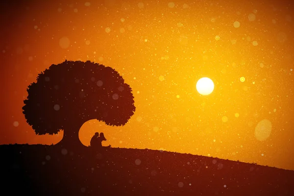 Verliebte Unter Einem Baum Bei Rotem Sonnenuntergang Vektor Konzeptionelle Illustration — Stockvektor