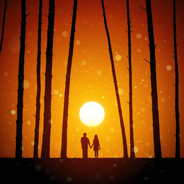 Verliebte Wald Bei Rotem Sonnenuntergang Vektor Konzeptionelle Illustration Mit Silhouette — Stockvektor