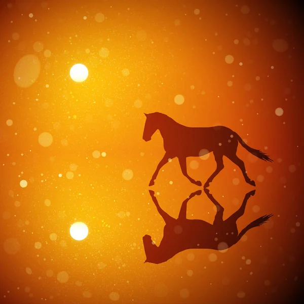 Running horse at red sunset. Vector conceptual illustration with silhouette of beautiful animal reflected in water in park. Summer bright landscape with setting sun and flying fluff