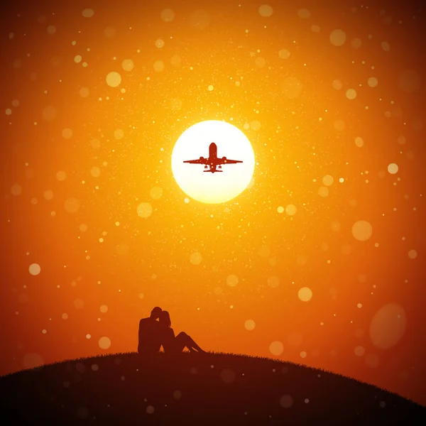 Liebhaber Und Fliegende Flugzeuge Bei Rotem Sonnenuntergang Vektor Konzeptionelle Illustration — Stockvektor