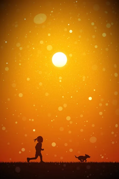 Gadis Kecil Dengan Anjing Saat Matahari Terbenam Merah Ilustrasi Konseptual - Stok Vektor