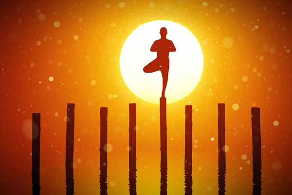 Yoga Atardecer Rojo Ilustración Conceptual Vectorial Con Silueta Yogui Pie — Vector de stock