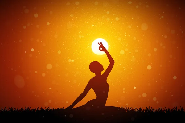 Yoga Pôr Sol Vermelho Ilustração Conceitual Vetorial Com Silhueta Menina —  Vetores de Stock