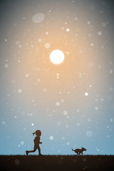 Little girl with dog at sunset — Stock Vector