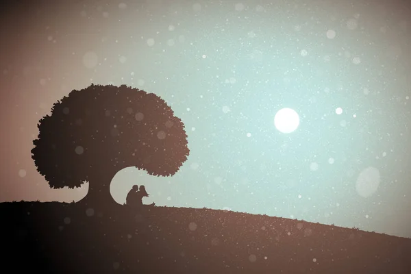 Lovers under tree at sunset Stock Illustration