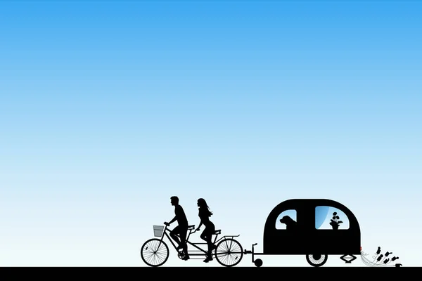 Recém-casados em bicicleta tandem na estrada — Vetor de Stock