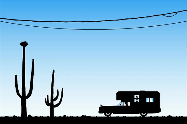 Dessin animé voiture rétro entre cactus sur la route du désert — Image vectorielle