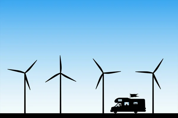 道路上の風車の間の漫画のレトロな車 キャンピングカーを旅する男のシルエットを持つベクトルイラスト ソロロードトリップ 青いパステルの背景 — ストックベクタ