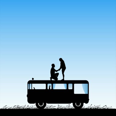  Karikatür retro araba çatısında Lovers