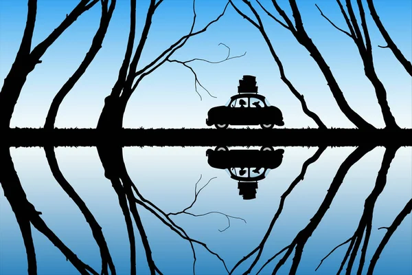 Dessin animé voiture rétro sur la route du lac — Image vectorielle