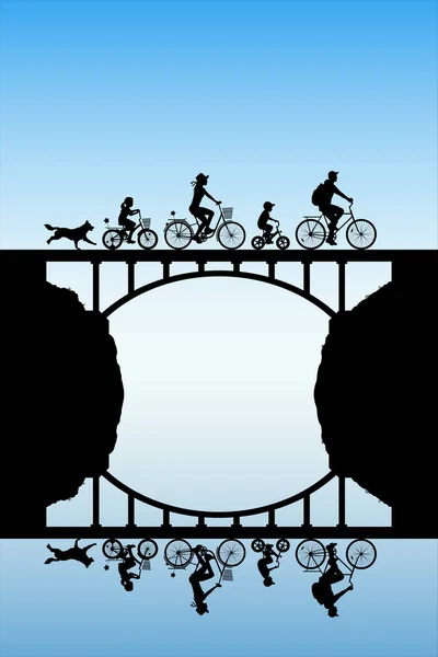 Familie op fietsen op de brug — Stockvector