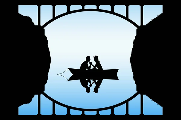 Amantes en barco bajo puente — Vector de stock