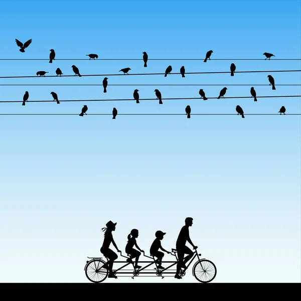 Familie op fiets tandem onder vogels op draden — Stockvector