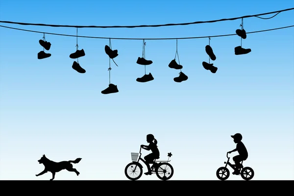 Děti na jízdních kolech a běžícím PSU pod botami na drátech — Stockový vektor