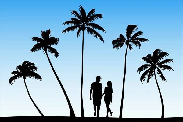 Dos amantes caminan en la playa de palmeras — Vector de stock