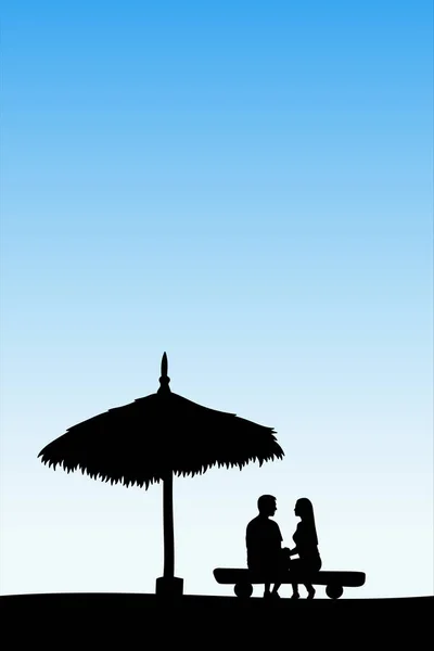 Amantes sentados en la arena bajo el paraguas de paja — Vector de stock