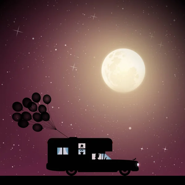 Coche retro de dibujos animados en la carretera en la noche iluminada por la luna — Vector de stock