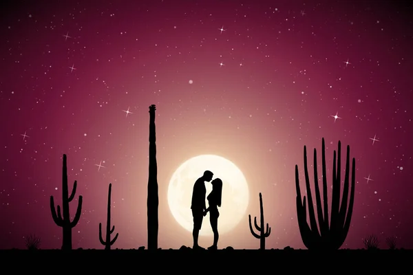 Amoureux Entre Cactus Dans Parc Nuit Clair Lune Illustration Vectorielle — Image vectorielle