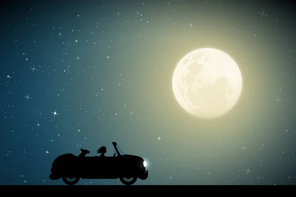 Cartoon Retro Samochód Drodze Księżycowej Nocy Ilustracja Wektorowa Sylwetki Kobiety — Wektor stockowy