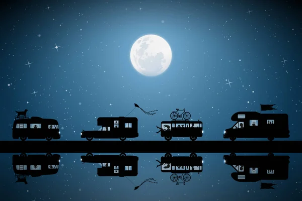 Cartoon Retro Samochody Drogach Księżycowej Nocy Wektor Ilustracji Sylwetki Ludzi — Wektor stockowy