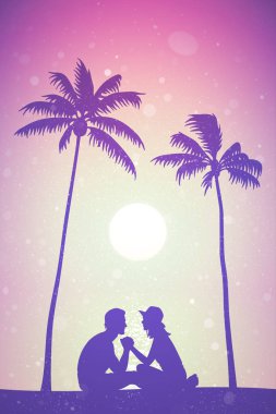 Gün doğumunda palmiye ağaçlarının altında kumda oturan aşıklar. Sahilde çift siluet ile Vektör illüstrasyon. Aile yaz tatili. Güneş ve uçan kabartma ile Pastel arka plan