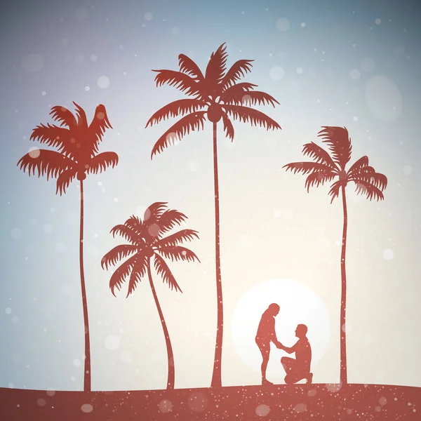 Propuesta Romántica Matrimonio Palm Beach Atardecer Ilustración Vectorial Con Siluetas — Vector de stock