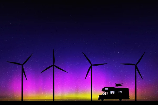 Cartoon retro car between windmills on road at night