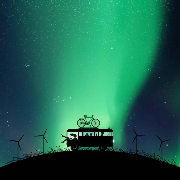 Cartoon retro car between windmills at night — Stock Vector