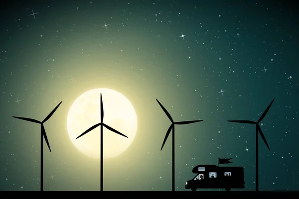 Desenhos animados carro retro entre moinhos de vento na estrada na noite de luar — Vetor de Stock