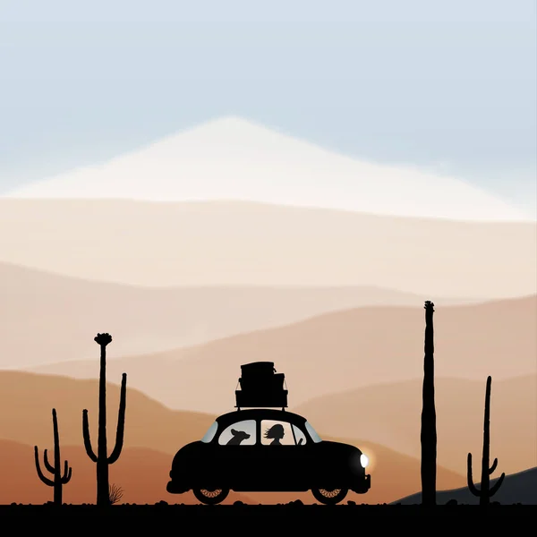 秋の道路上のサボテン間の漫画のレトロな車 — ストックベクタ