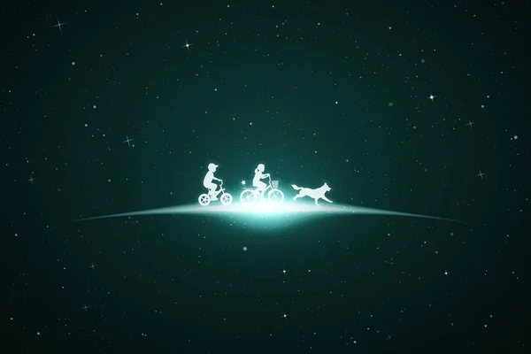 自転車に乗っている子供たちと宇宙で犬を走らせている — ストックベクタ