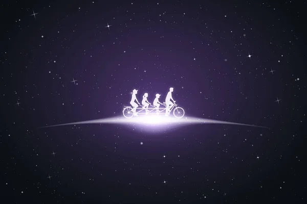 Família em bicicleta tandem e correndo cão no espaço — Vetor de Stock