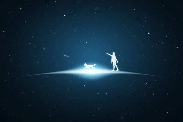 女の子は宇宙で犬を訓練します — ストックベクタ