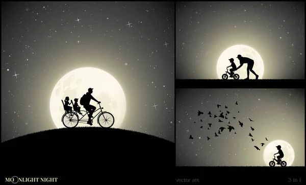 Set vector illustraties met silhouetten van mensen in het park op maanverlichte nacht — Stockvector