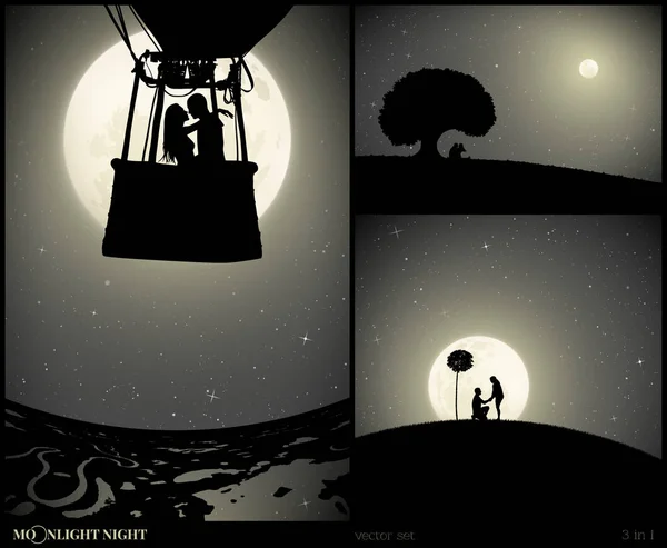 Set of vector illustrations with silhouettes of people in park on moonlit night Royalty Free Stock Illustrations