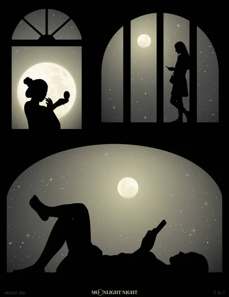 Conjunto de ilustraciones vectoriales con siluetas de personas en ventanas en la noche iluminada por la luna — Vector de stock