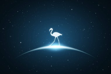 Uzayda yalnız bir flamingo. Nesli tükenmekte olan kuşların beyaz silueti ve parıldayan hatlarıyla vektör kavramsal illüstrasyon. Tebrik kartları, posterler ve diğer tasarım için sürreal mavi arkaplan