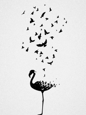 Flamingo silueti, uçan kuşlar. Nesli tükenmekte olan hayvanlar. Yaşam ve ölüm. Vahşi yaşamı koruma konsepti. Metafor siyah beyaz sanat posteri. Parmak izleri ve tişörtler için vektör illüstrasyonu
