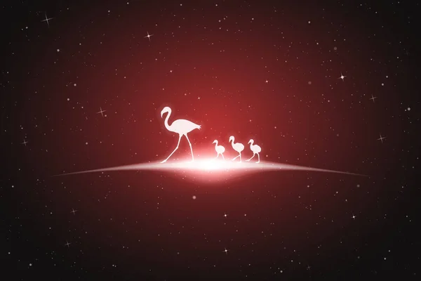 火烈鸟家族在太空用濒危鸟类的白色轮廓和发光的轮廓来说明病媒的概念 招贴画和其他设计的超现实红色背景 — 图库矢量图片