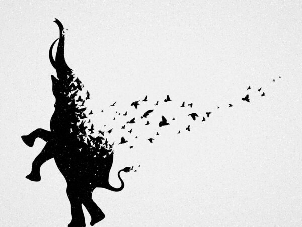 Силуэт слона, стадо летающих птиц. Опасное животное. Жизнь и смерть. Концепция защиты дикой природы. Метафора черно-белый постер. Векторная иллюстрация для отпечатков, футболок
