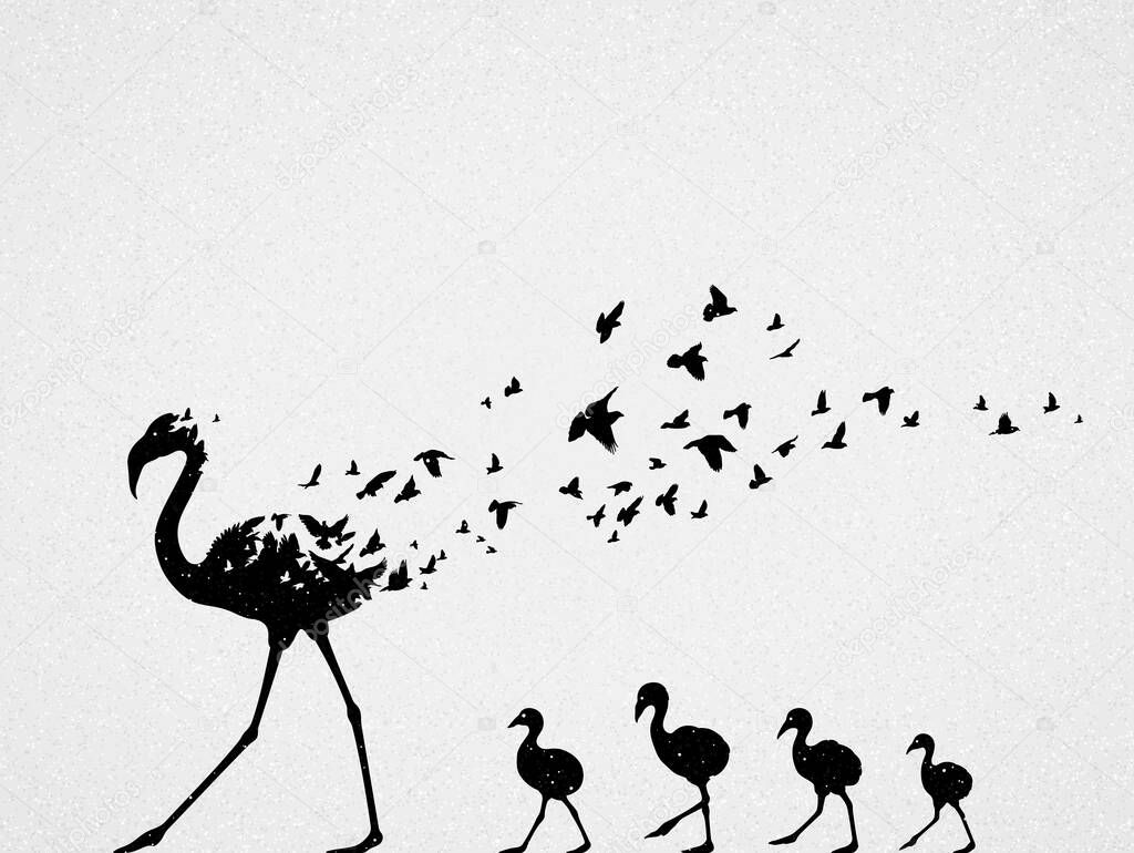 Flamingo mom and children silhouettes, flock of flying birds. Endangered animal family. Life and death. Wildlife protection concept. Metaphor black and white art. Vector illustration for prints