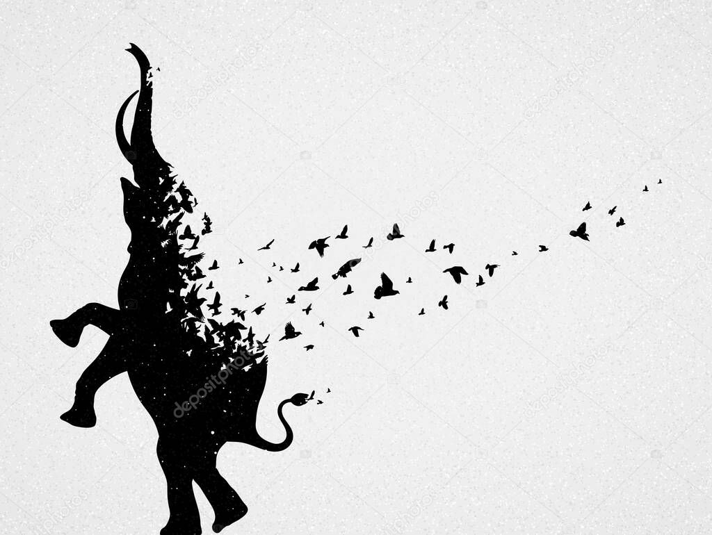 Standing elephant silhouette, flock of flying birds. Endangered animal. Life and death. Wildlife protection concept. Metaphor black and white art poster. Vector illustration for prints, t-shirts