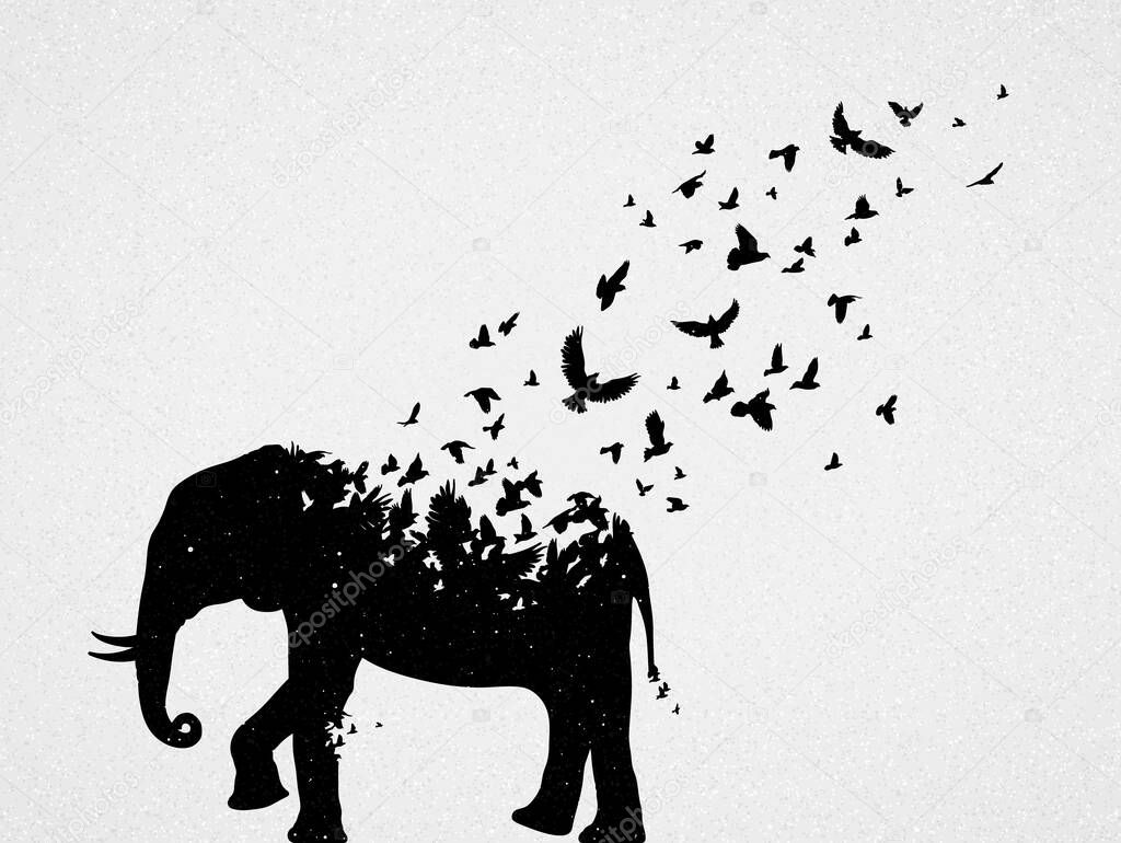 Elephant silhouette, flying birds. Endangered animal. Life and death. Wildlife protection concept. Metaphor black and white art poster. Vector illustration for prints, t-shirts