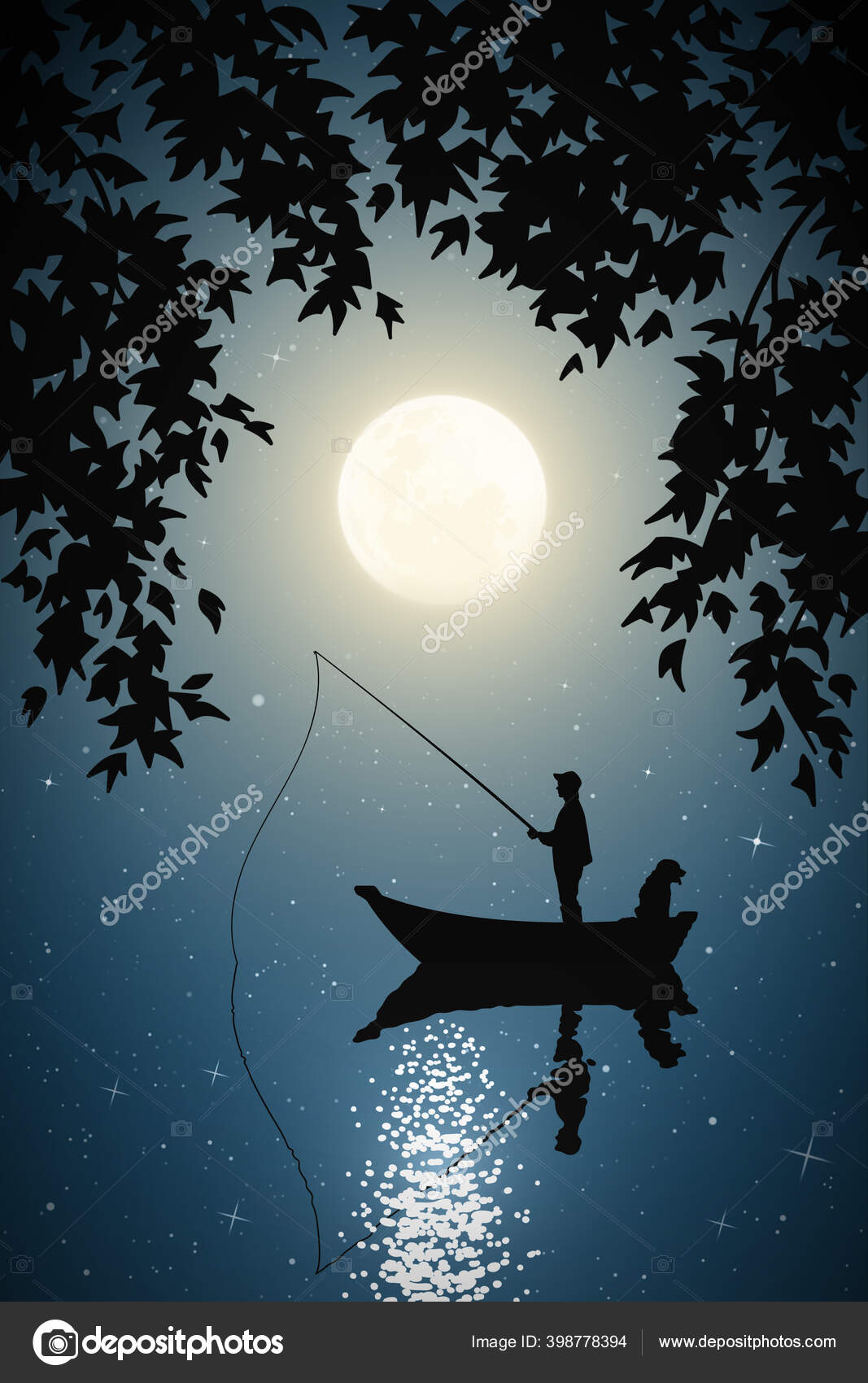 Fiskare Båt Med Hund Månskensnatt Man Silhuett Fånga Fisk Med — stockvektor  av ©arvitalyaa 398778394, image size:1067x1700