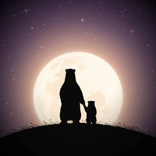 Медведь Ребенок Держатся Руки Лунную Ночь Силуэт Семьи Животных Травянистом — стоковый вектор