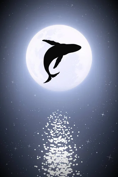 Φάλαινα Πηδάει Κάτω Από Νερό Νύχτα Του Φεγγαριού Μεγάλη Σιλουέτα — Διανυσματικό Αρχείο