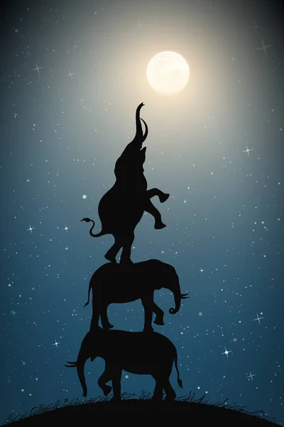 Elefanten Greifen Mondbeschienenen Sternennächten Nach Dem Vollmond Silhouetten Von Drei — Stockvektor